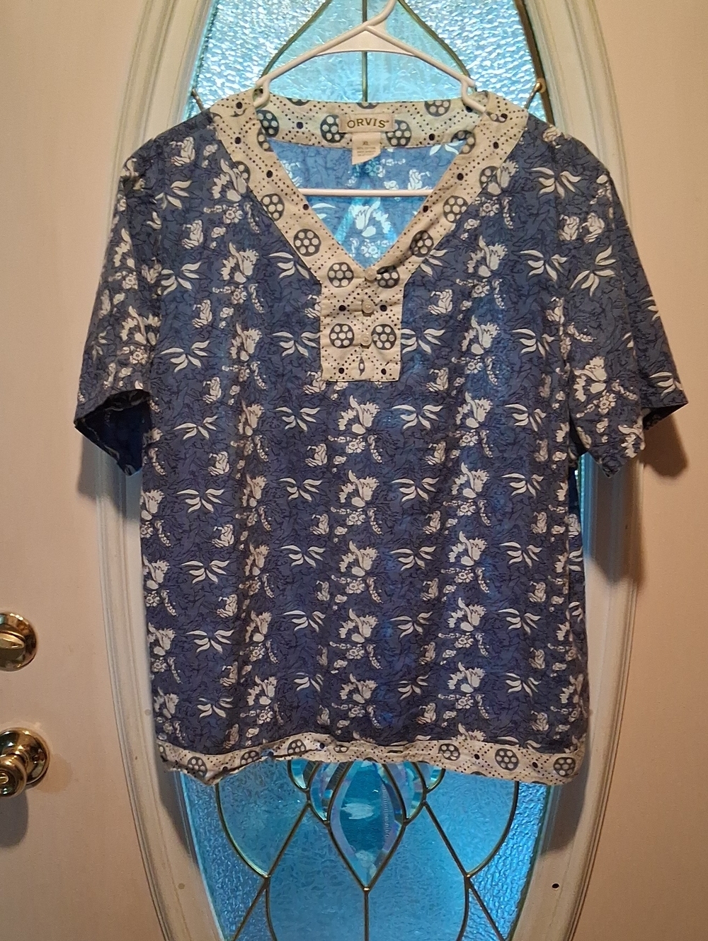 Orvis Navy Blue Floral V-Neck Henley